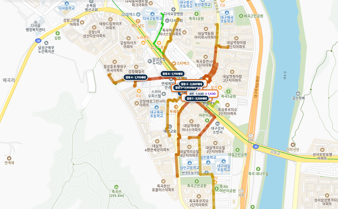 대구 아파트 출입점에서 도시철도 실제 출구까지의 보행경로와 경로별 세대를 겹쳐 본 지도